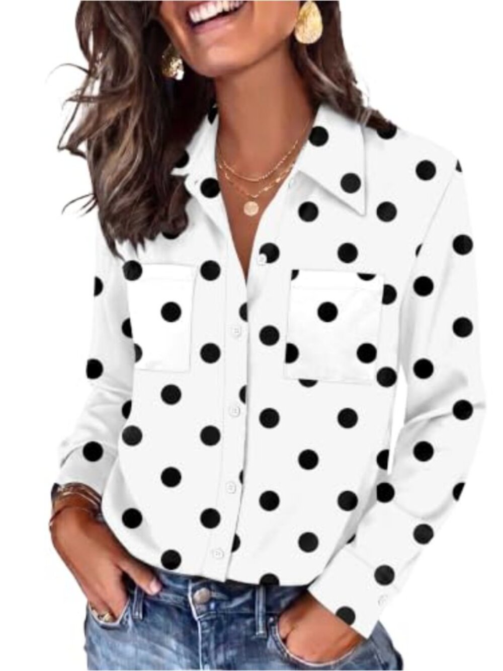 Women Long Sleeve Button Down Blouse Collared Chest Pocket Curved Hem